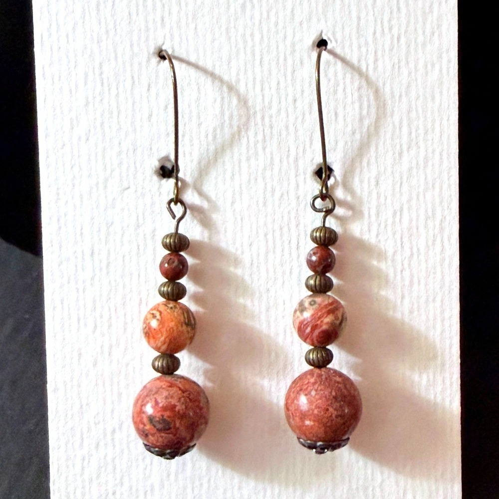 Handmade Pink Brown Jasper‎ Stone Bronze Earrings Stephanie Aune Artist J3015